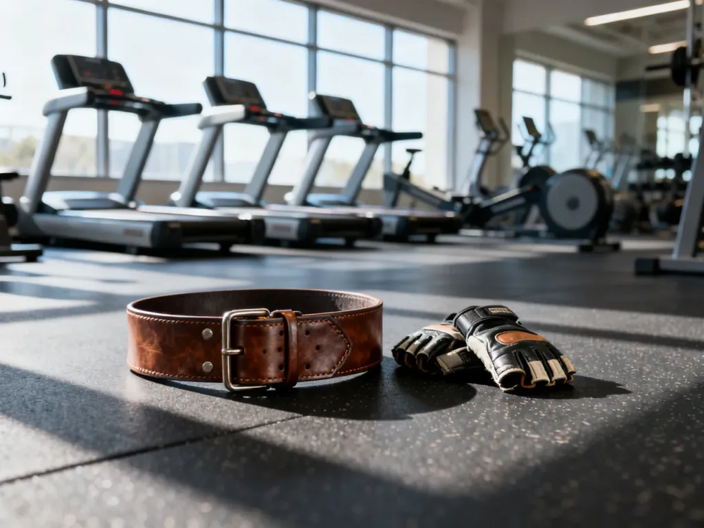 Skórzany pas do ćwiczeń i rękawice na podłodze siłowni z rozmytymi maszynami cardio w tle.