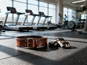 Zegarek sportowy z wyświetlonym tempem biegu na tle bieżni w świetle zachodzącego słońca.
