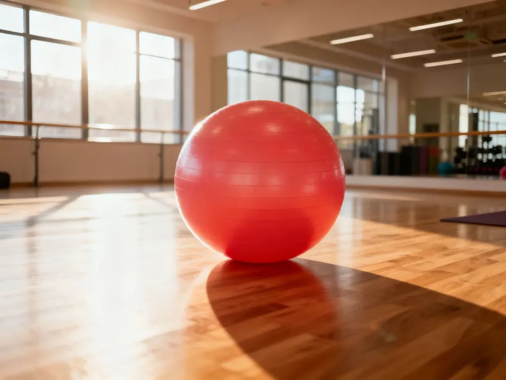 Duża, kolorowa piłka gimnastyczna na drewnianej podłodze w słonecznym studiu fitness, gotowa do treningu.