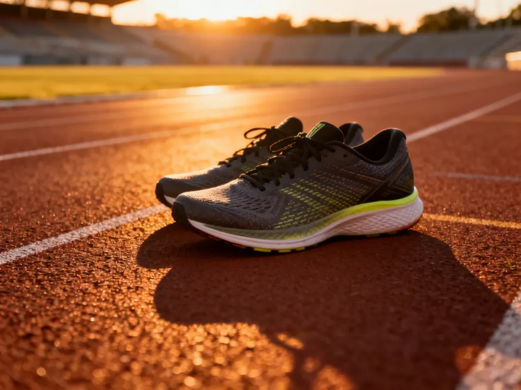 Profesjonalne buty do biegania na bieżni lekkoatletycznej o zachodzie słońca, gotowe do rozpoczęcia treningu.