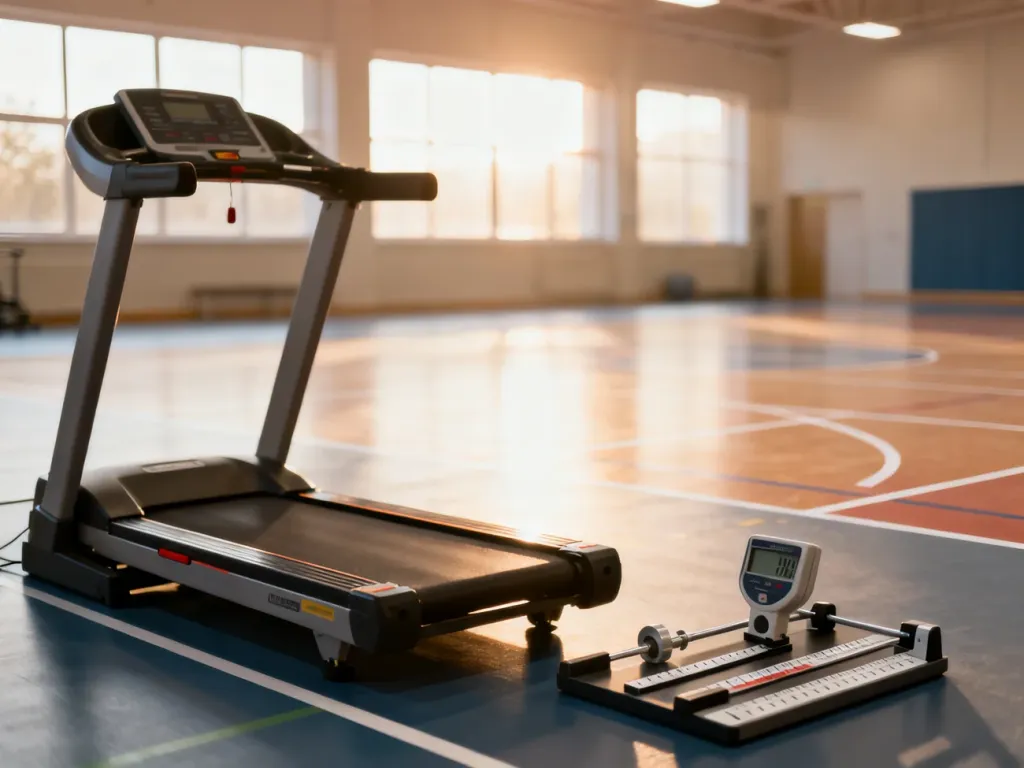 Nowoczesne centrum diagnostyki sportowej z bieżnią i przyrządami pomiarowymi do profesjonalnej oceny sprawności fizycznej.
