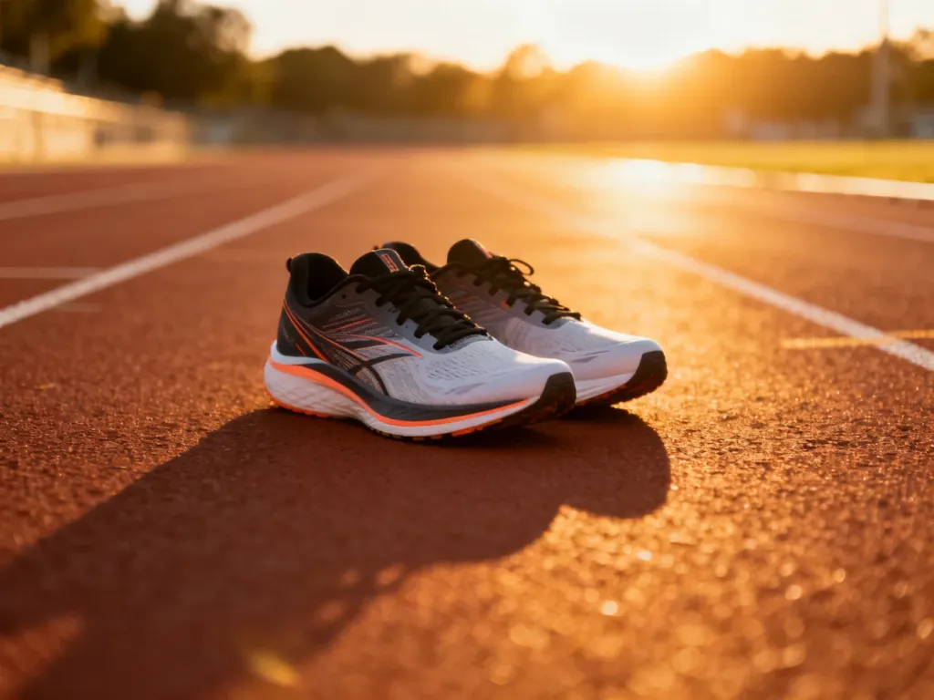 Nowoczesne buty do biegania na bieżni w świetle zachodzącego słońca, zachęcające do rozpoczęcia treningu cardio.