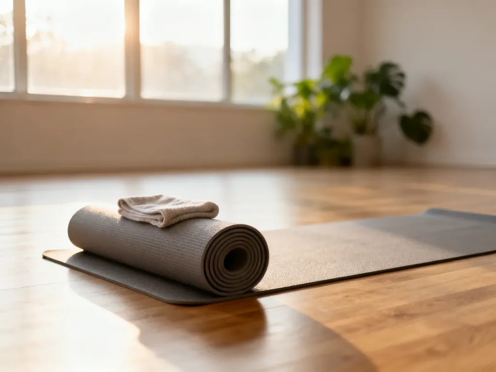 Zrolowana mata do ćwiczeń pilates na drewnianej podłodze w jasnym, minimalistycznym studiu wypełnionym światłem słonecznym.