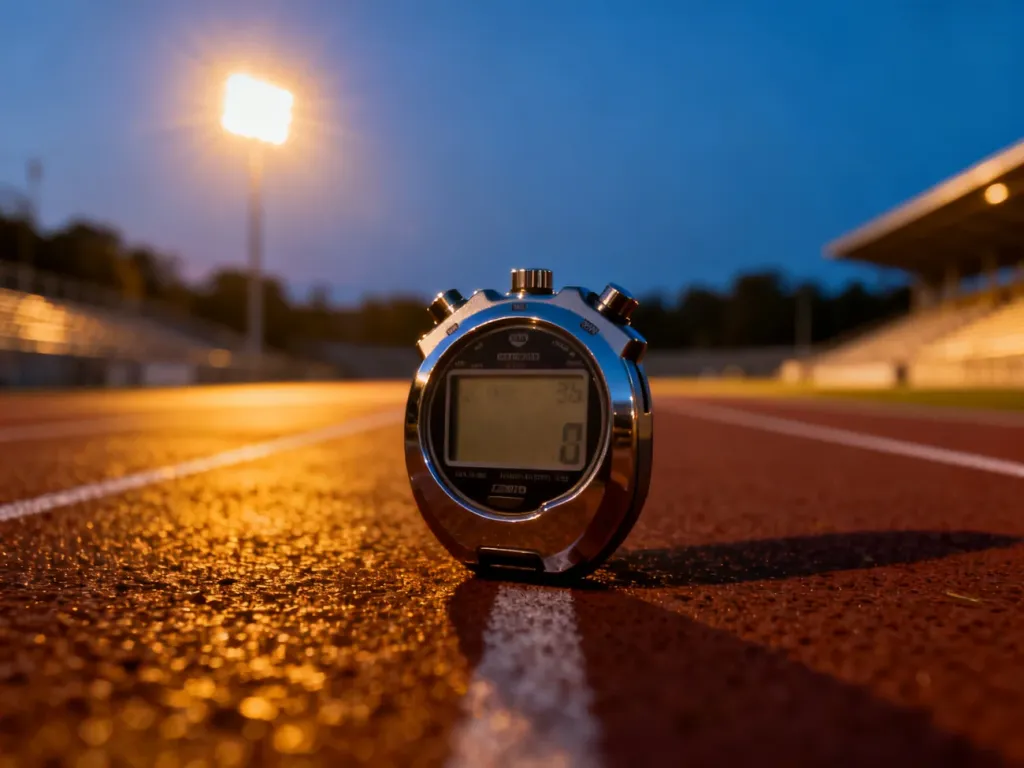 Nowoczesny stoper na bieżni lekkoatletycznej o zmierzchu, symbolizujący pomiar czasu podczas testu wytrzymałościowego.