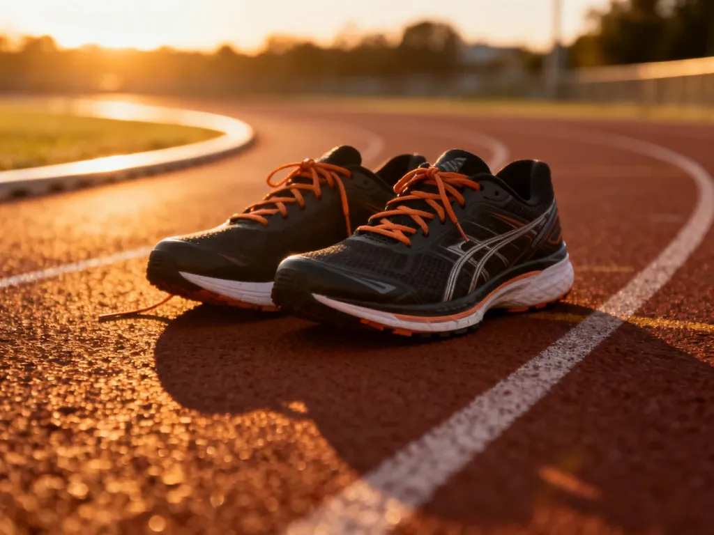 Profesjonalne buty do biegania na bieżni lekkoatletycznej w blasku zachodzącego słońca, gotowe do treningu tempowego.