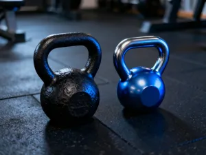 Żeliwny odważnik kettlebell ustawiony na gumowej podłodze w profesjonalnym studiu fitness.