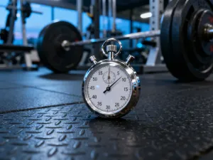 Zegarek sportowy z wyświetlonym tempem biegu na tle bieżni w świetle zachodzącego słońca.