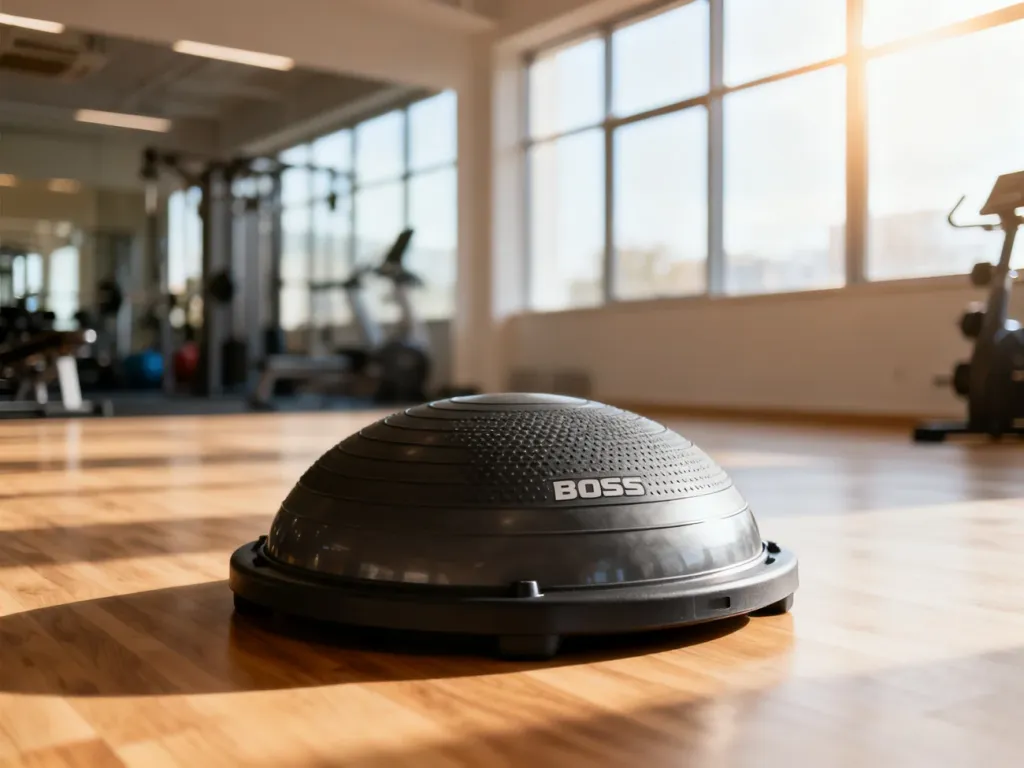 Profesjonalna platforma do balansowania BOSU ustawiona w jasnej sali fitness, gotowa do treningu równowagi.