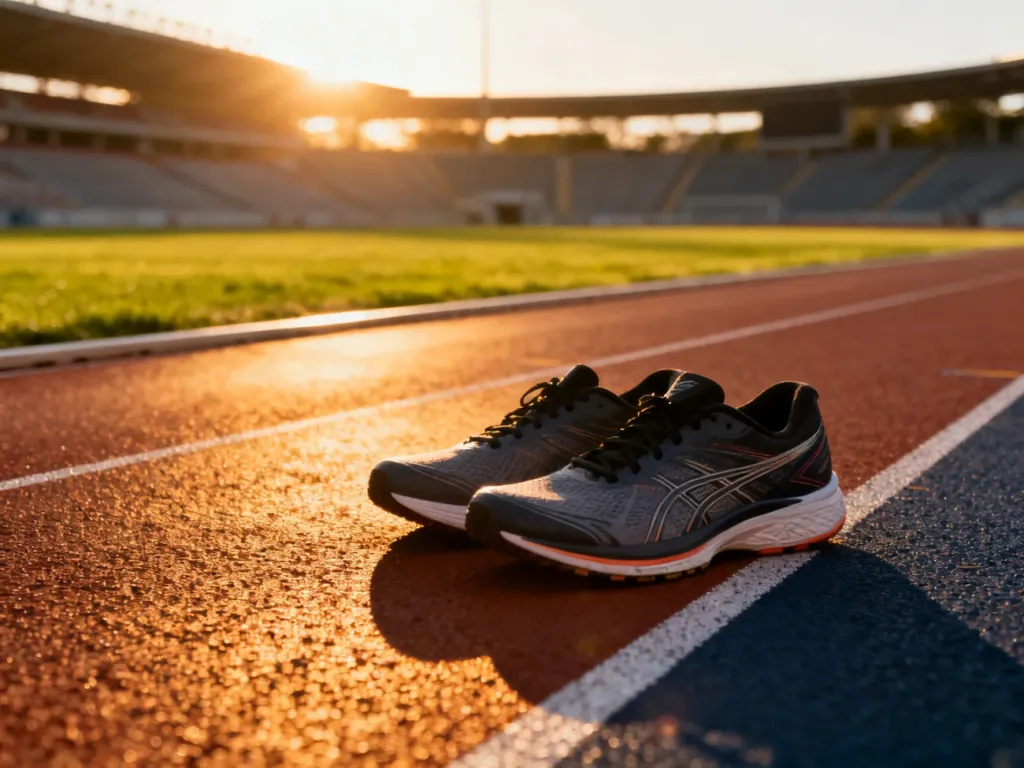 Profesjonalne buty do biegania na bieżni lekkoatletycznej o wschodzie słońca, gotowe do treningu krokowego.