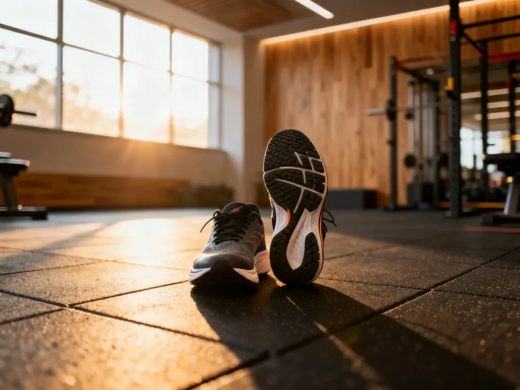 Profesjonalne buty sportowe na gumowej nawierzchni siłowni, gotowe do intensywnego treningu plyometrycznego.