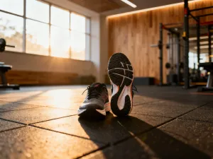 Skórzany pas do ćwiczeń i rękawice na podłodze siłowni z rozmytymi maszynami cardio w tle.