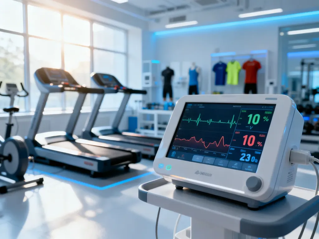 Profesjonalny monitor medyczny wyświetlający tętno i natlenienie krwi w nowoczesnym laboratorium sportowym.