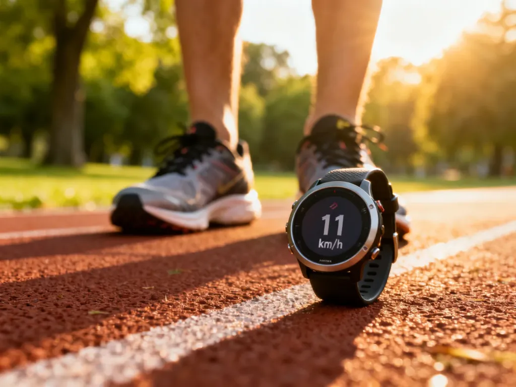 Zegarek sportowy wskazujący prędkość 11 km/h oraz buty do biegania na bieżni, ilustrujące tempo treningu w plenerze.