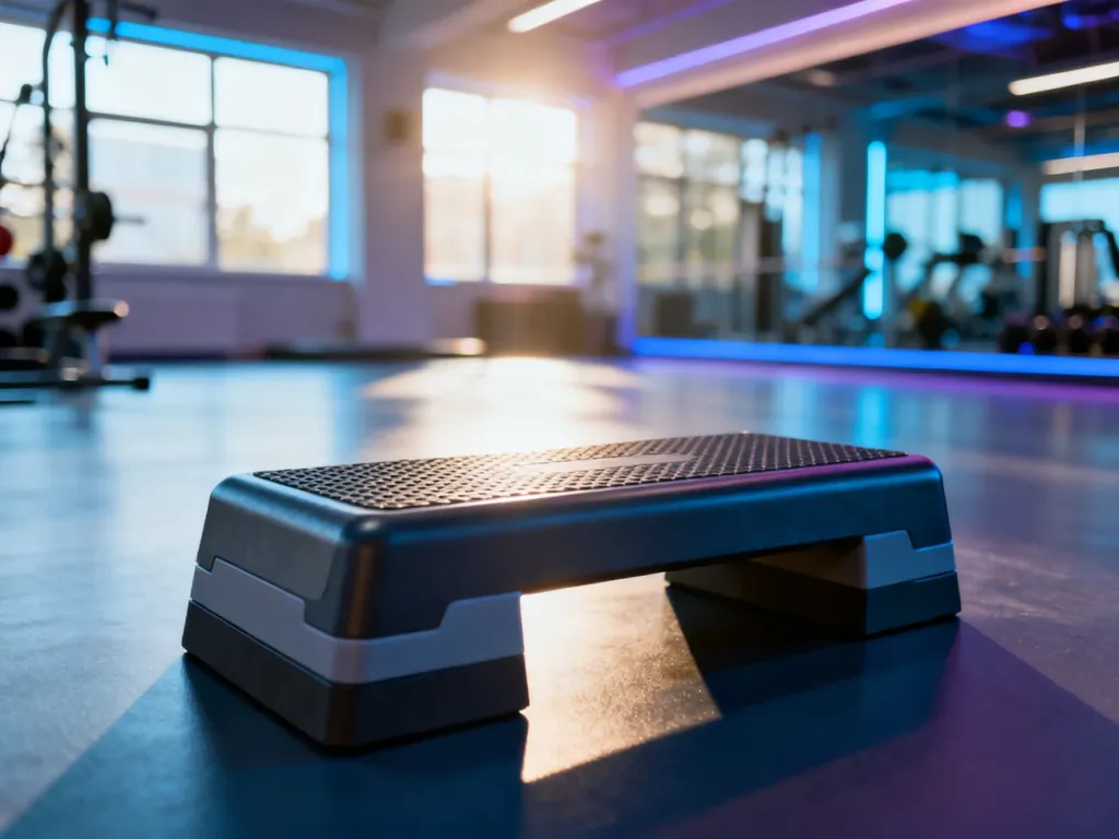 Profesjonalna platforma do stepu w nowoczesnej sali fitness, zachęcająca do rozpoczęcia treningu cardio.