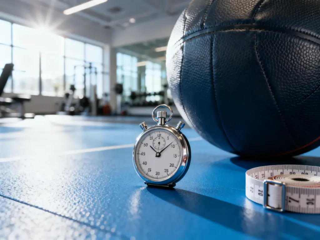 Profesjonalny sprzęt sportowy, w tym stoper i taśma miernicza, przygotowany do testów sprawności fizycznej na siłowni.