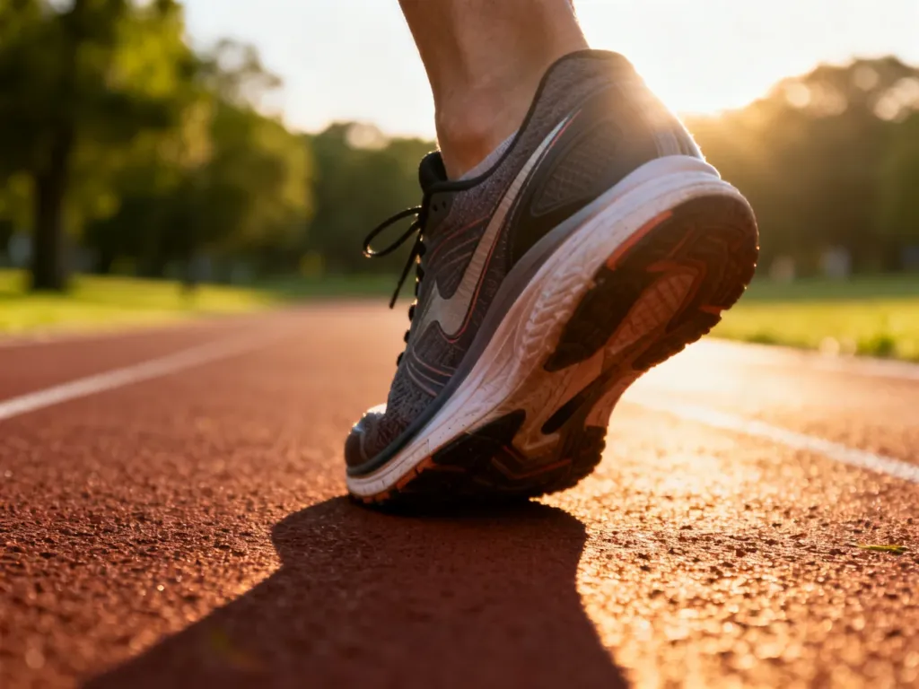 Profesjonalny but biegowy na bieżni lekkoatletycznej w porannym słońcu, symbolizujący przygotowanie do treningu wytrzymałościowego.