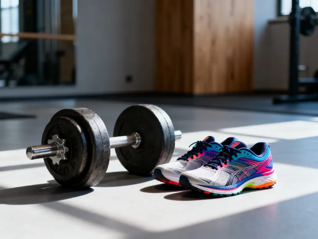Buty do biegania obok hantla na podłodze siłowni, symbolizujące wybór między treningiem cardio a siłowym.