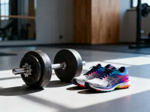 Zestaw kolorowych taśm i gum oporowych ułożonych na podłodze w profesjonalnym domowym studiu fitness.