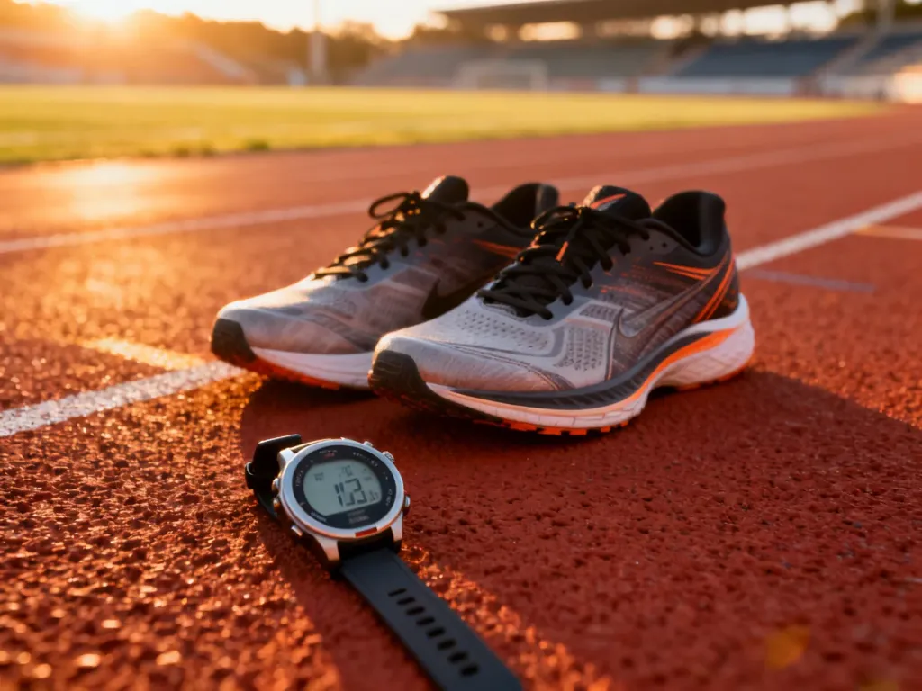 Profesjonalne buty biegowe i zegarek sportowy na bieżni o wschodzie słońca, symbolizujące przygotowania do treningu.