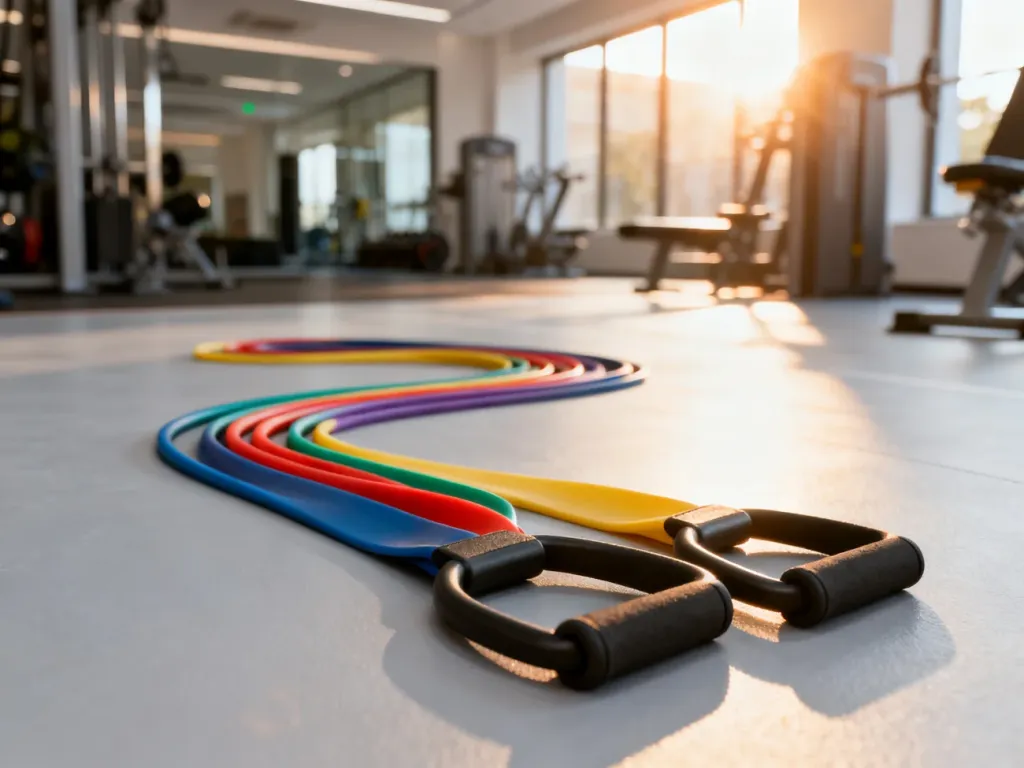 Kolorowy zestaw gum oporowych i uchwytów ułożony na podłodze w nowoczesnym studiu fitness.
