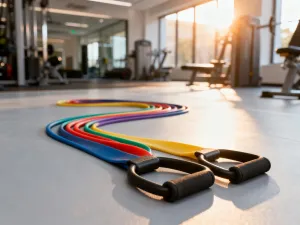 Kolorowe gumy oporowe ułożone na drewnianej podłodze w nowoczesnym studio fitness.