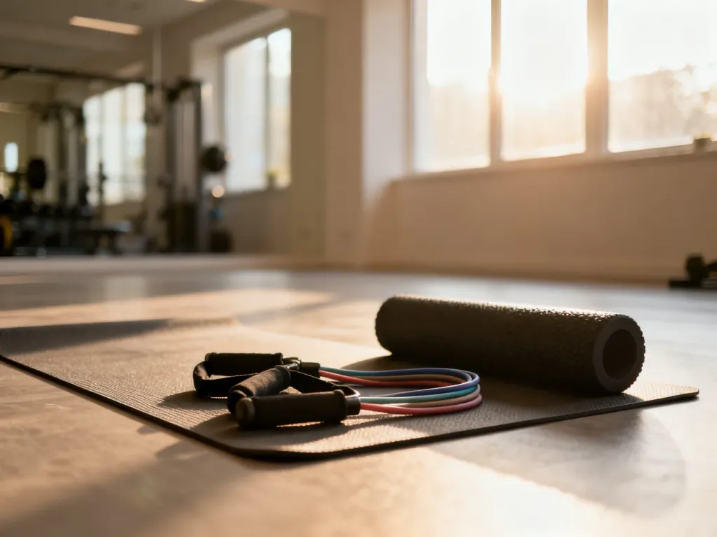 Akcesoria do ćwiczeń, takie jak gumy oporowe i roller, przygotowane na macie do jogi w słonecznym studio fitness.