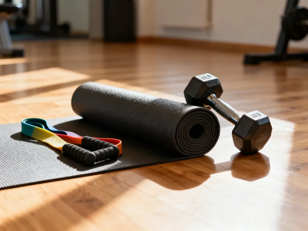 Zestaw akcesoriów fitness: mata do jogi, hantle i taśma oporowa na drewnianej podłodze, gotowe do treningu bioder.