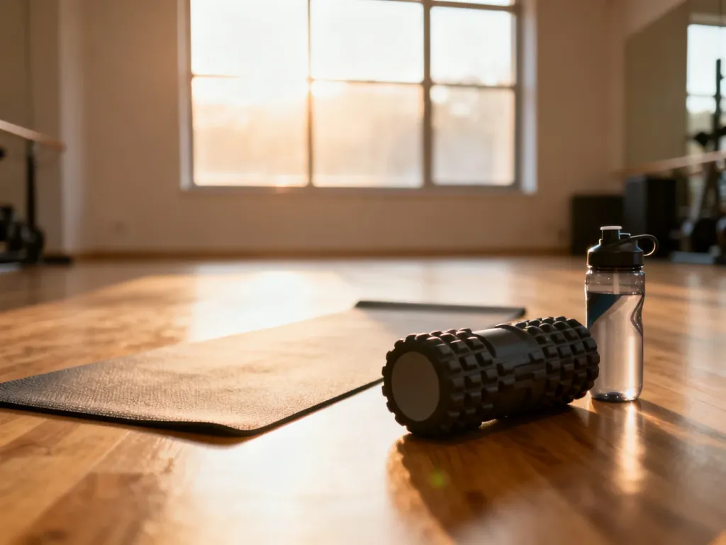 Mata do ćwiczeń, roller i butelka wody w słonecznym studiu fitness, przygotowane do treningu rozciągającego.