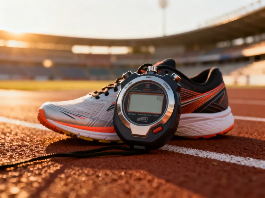 Profesjonalny stoper i buty biegowe na bieżni lekkoatletycznej w świetle poranka, symbolizujące przygotowanie do treningu.