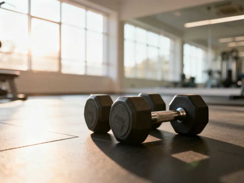 Profesjonalne hantle na podłodze w słonecznej sali fitness, zachęcające do rozpoczęcia treningu bicepsów.