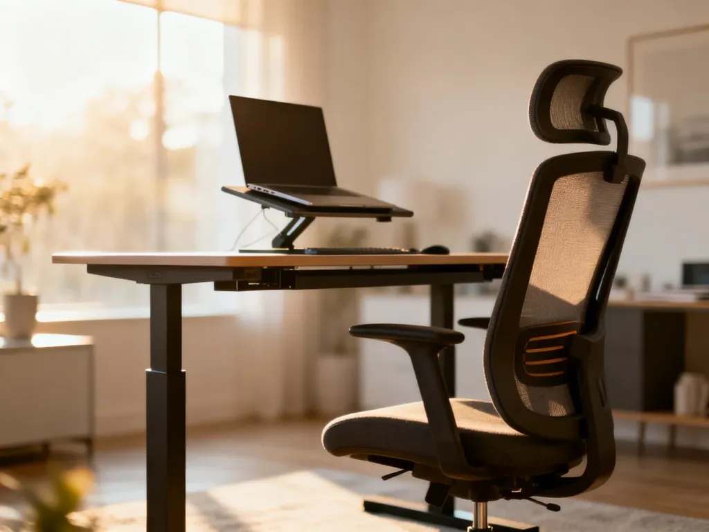 Nowoczesne, ergonomiczne stanowisko pracy z biurkiem z regulacją wysokości i fotelem wspierającym kręgosłup.