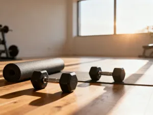 Profesjonalne hantle na podłodze w słonecznej sali fitness, zachęcające do rozpoczęcia treningu bicepsów.